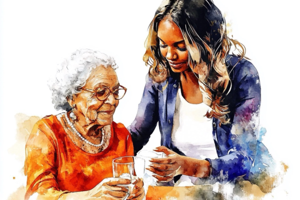 Young woman of color gently assisting an older woman of color with a glass of water, both smiling warmly in a caregiving moment—watercolor-style illustration.