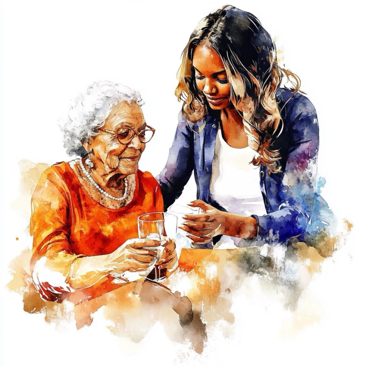 Young woman of color gently assisting an older woman of color with a glass of water, both smiling warmly in a caregiving moment—watercolor-style illustration.